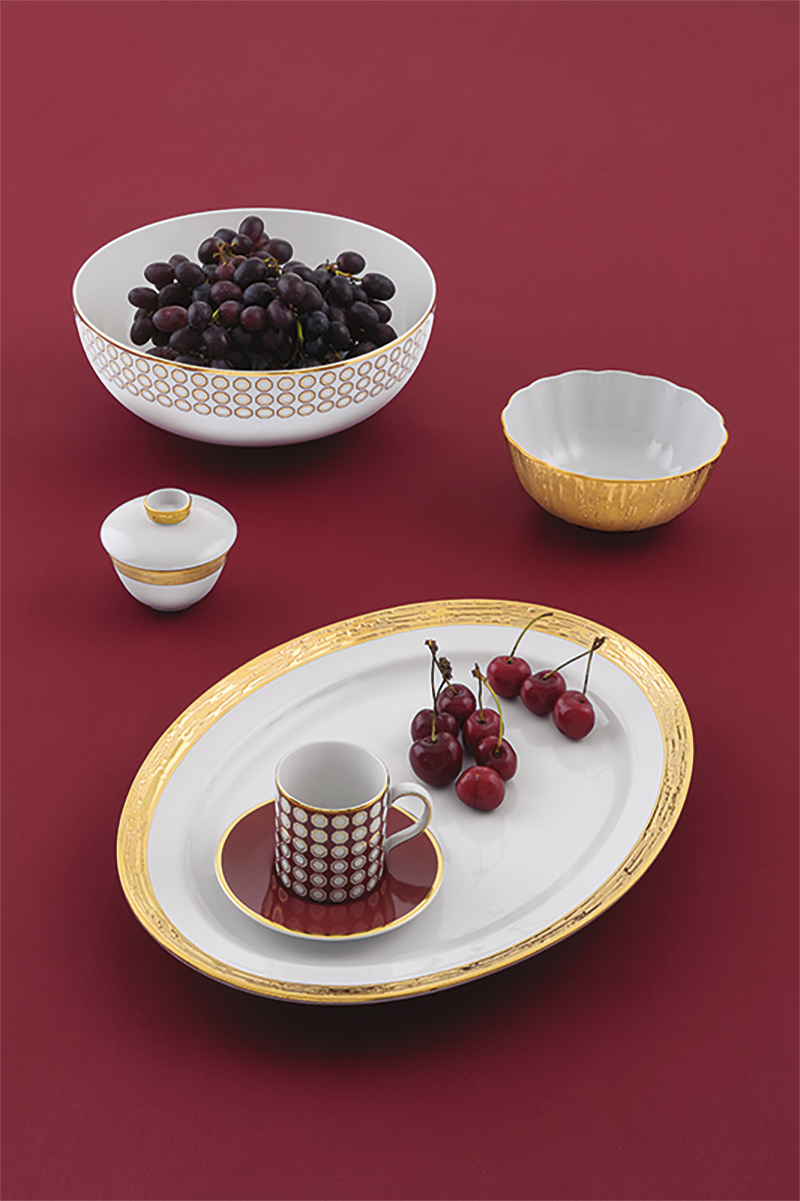 Porcel Ruby and Auratus Sunset tableware – bold burgundy with textured golden tones